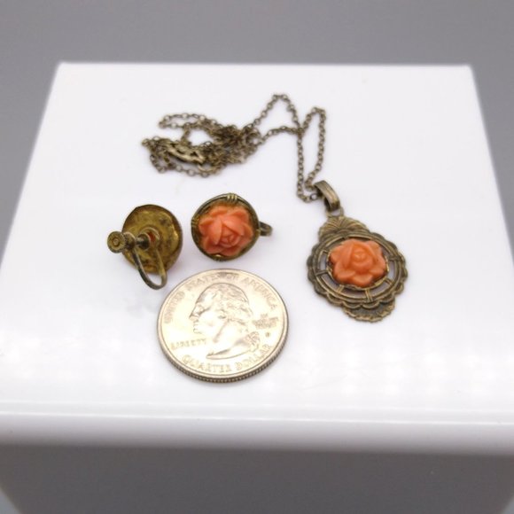 Vintage Celluloid Coral Carved Parure on Sterling Silver with Gold Wash Vermeil - Picture 7 of 8